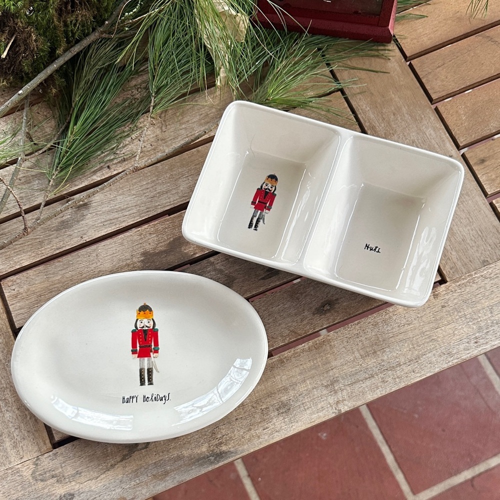 Rae Dunn Christmas nutcracker set of 2 serving tray and dish